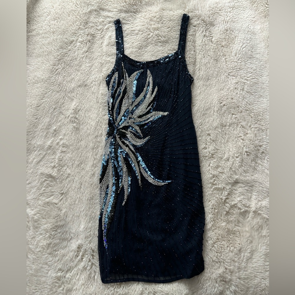 Oleg Cassini Navy Blue Sequin Mini Dress